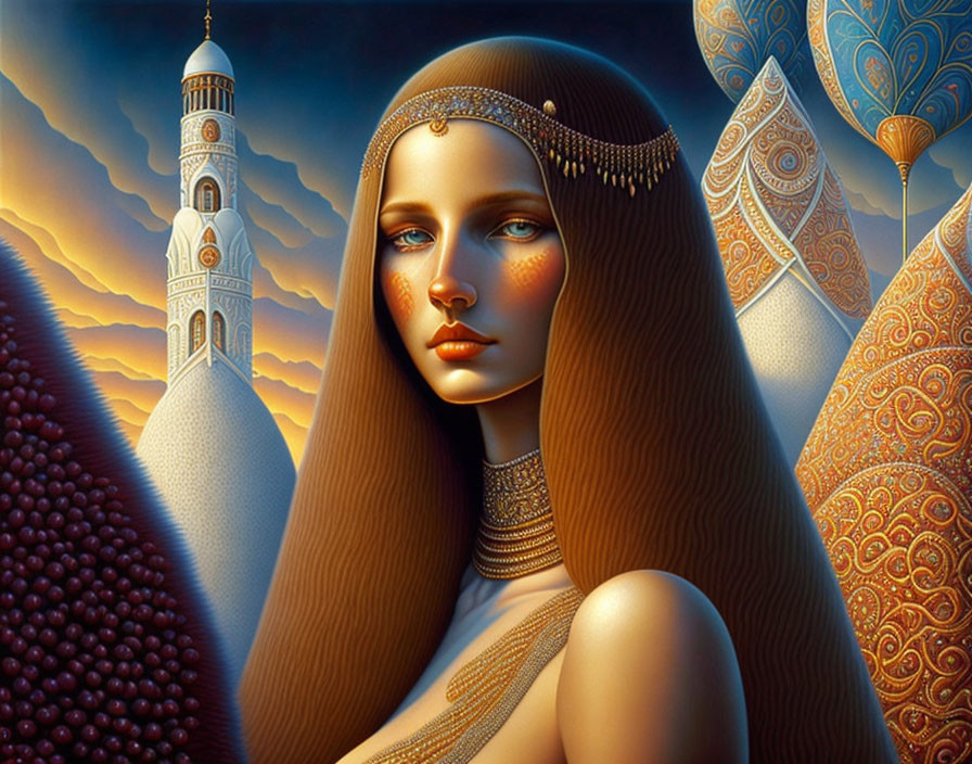 Stylized portrait of woman with long hair and exotic jewelry against ornate architecture and sunset sky