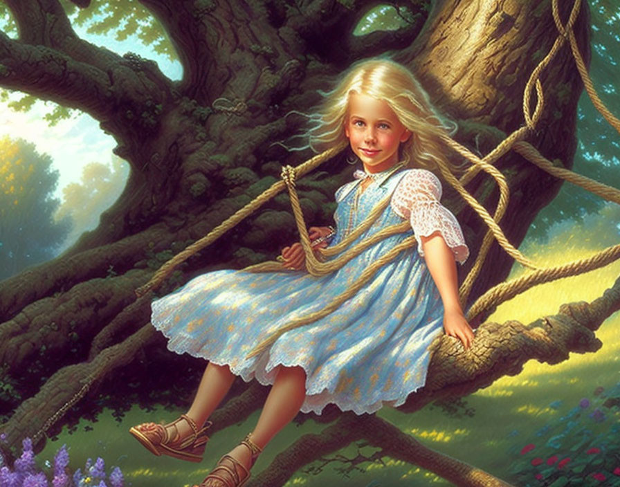 Young girl in blue dress on rope swing under lush tree in sunlight