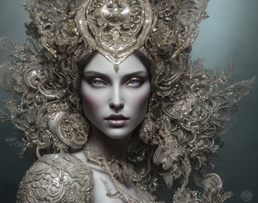 Ethereal woman in ornate golden headdress & elaborate attire