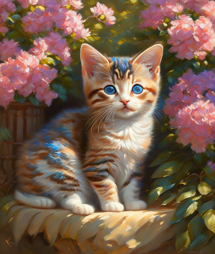 Tabby Kitten with Blue Eyes Among Pink Flowers in Dappled Sunlight