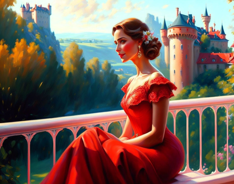 Elegant Woman in Red Gown on Balcony Overlooking Castles