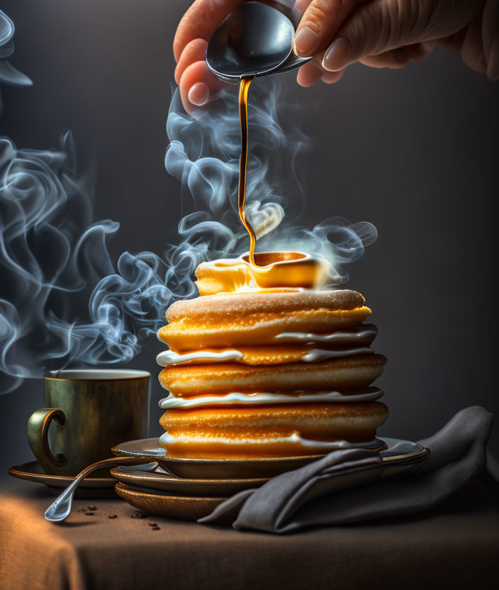 Steaming hot pancakes with syrup and coffee on dark background