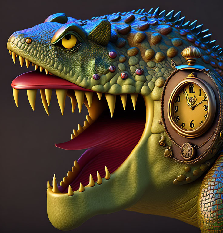 Whimsical creature with lizard-like head and pocket watch detail