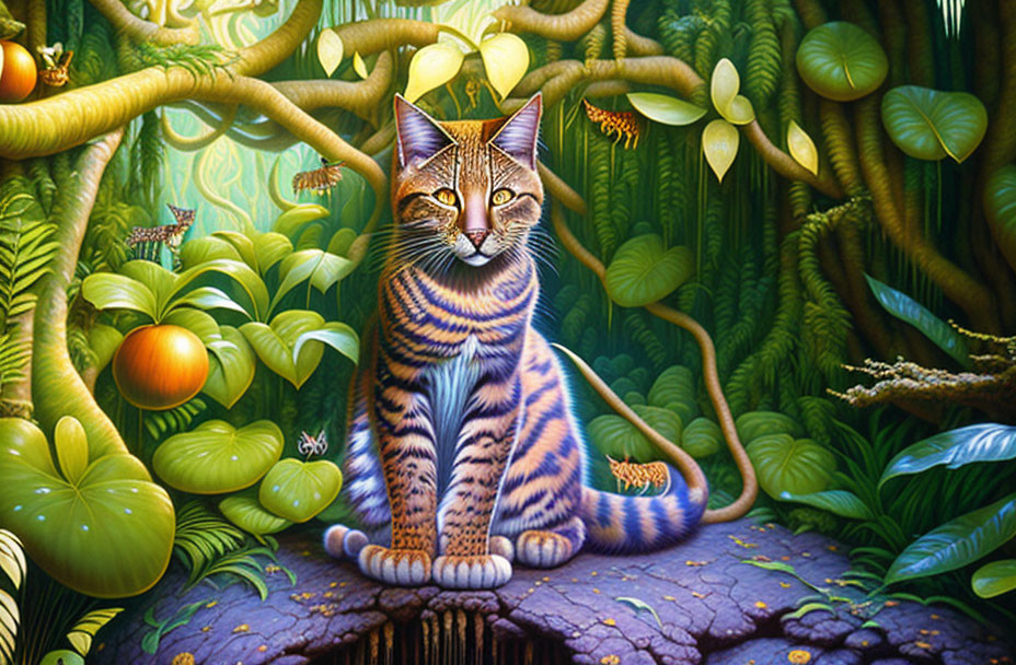 Regal striped cat with crown in lush green jungle.