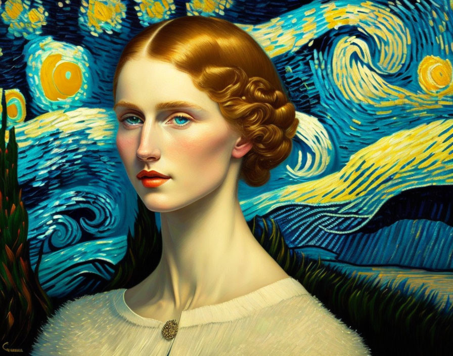 Classic features woman with wavy hair in front of vibrant, Van Gogh-inspired background