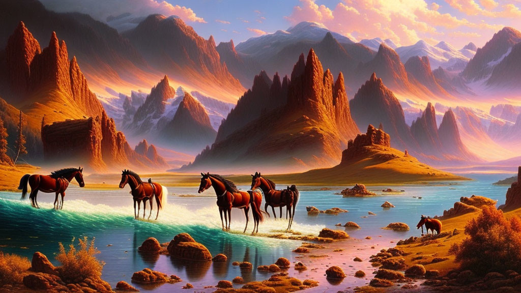 Herd of Horses in Majestic Mountain Sunset