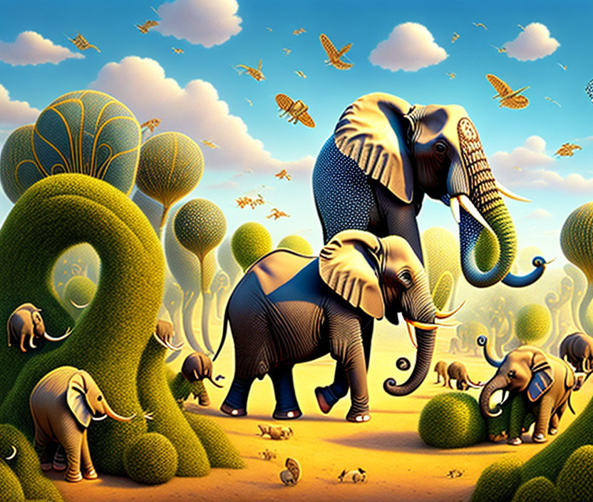 Digital art of stylized elephants in lush greenery with butterflies