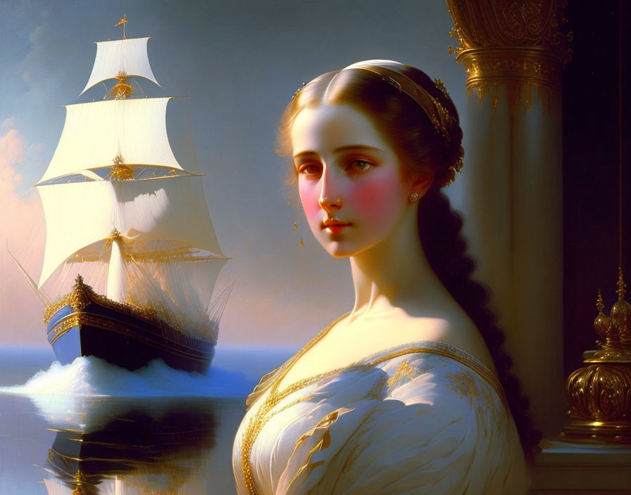 Classic-style painting: Young woman by window overlooking sailing ship at sea at sunset