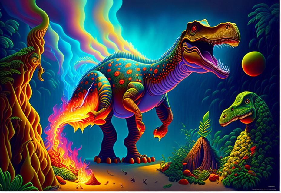 Colorful Dinosaur Artwork in Fantastical Jungle with Fiery Elements