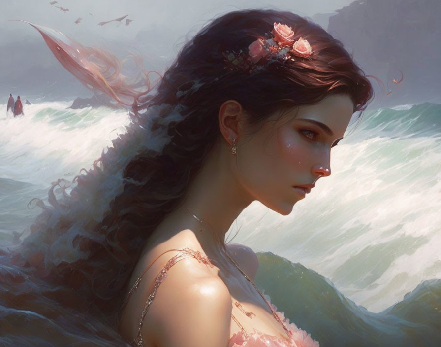 Woman with flowers in hair gazing at crashing waves