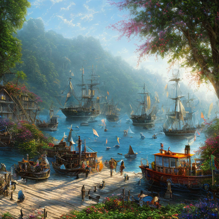 Various sailing ships, steamboat, and people in a vibrant port near a sunlit forest.