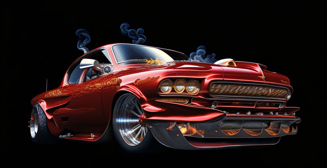 Customized red muscle car with flame details and smoke on black background