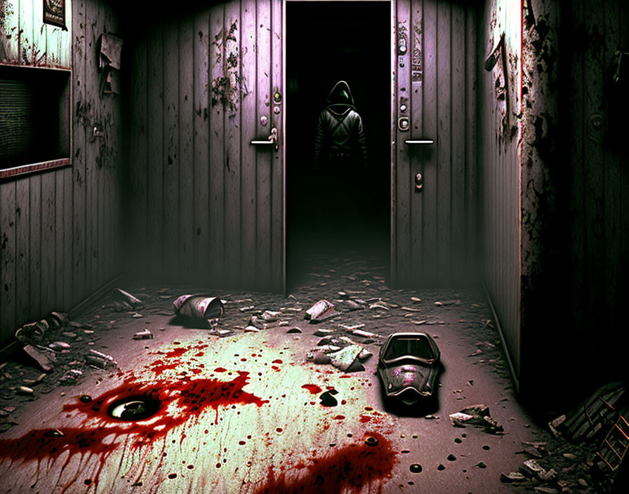 Dimly Lit Corridor with Hooded Figure, Bloodstain, Gas Mask, and Debris