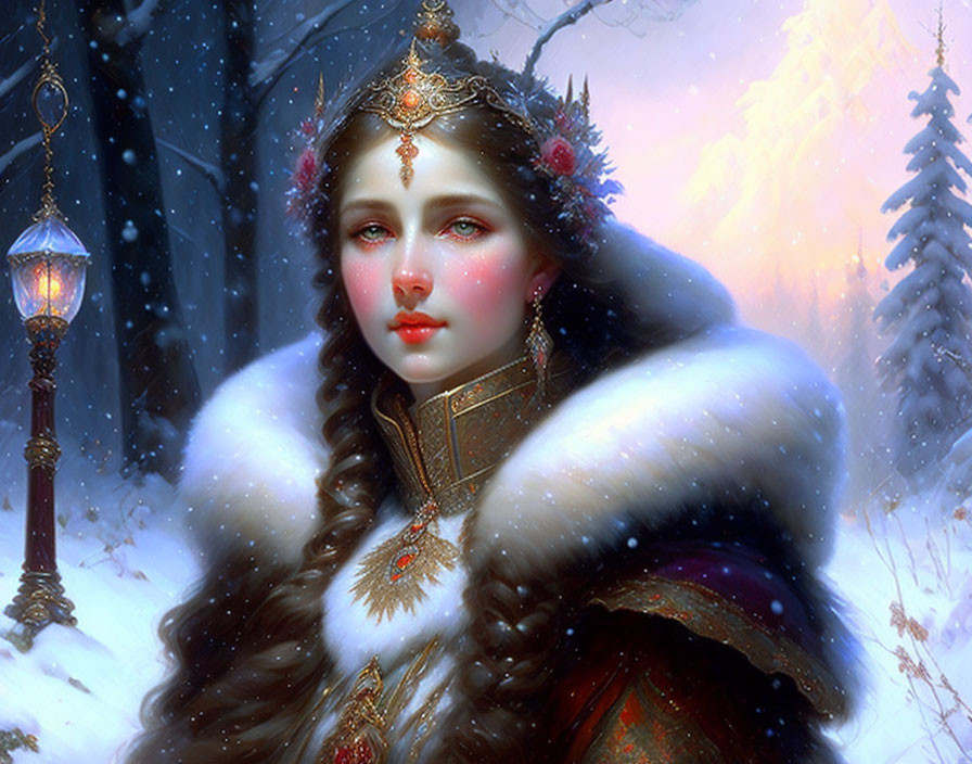 Digital artwork of woman in regal attire with fur mantle in snowy forest setting.