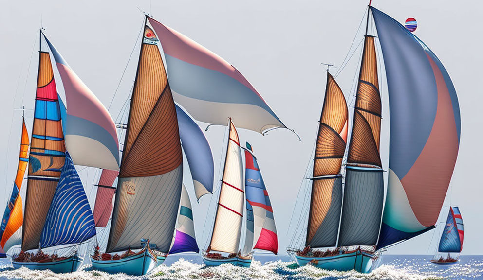 Colorful sailboats sailing on calm waters under clear sky