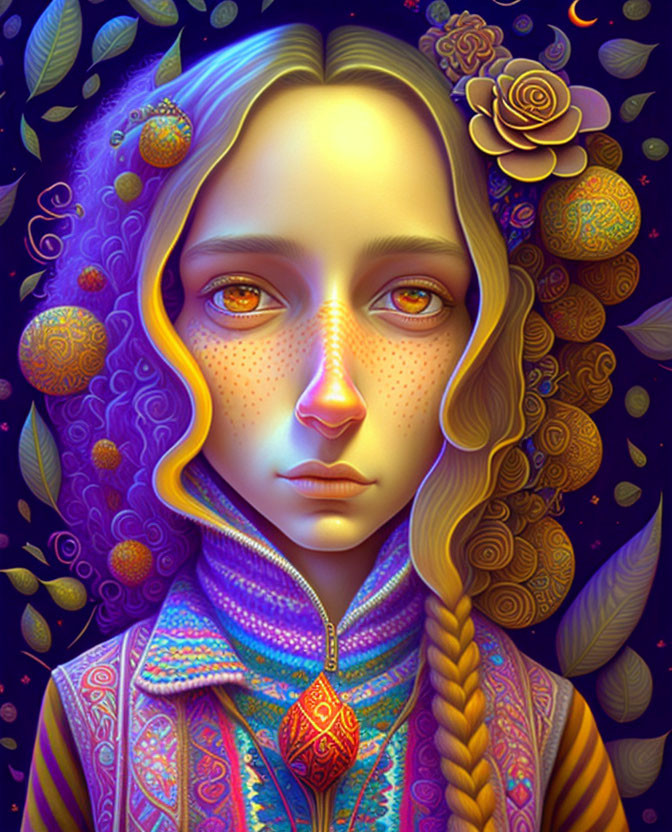 Colorful digital portrait of a woman with braided hair, freckles, and mystical amulet