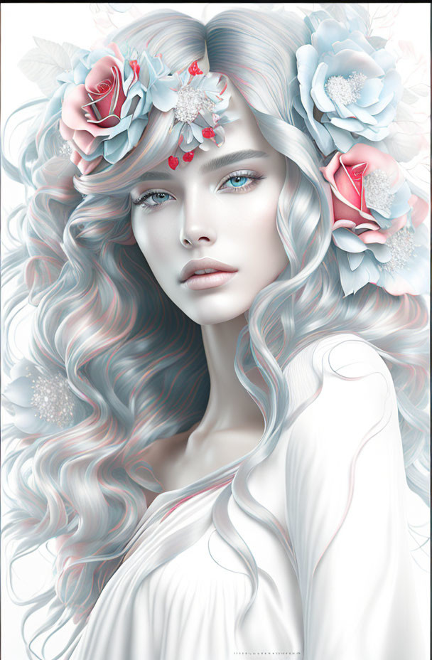 Digital artwork featuring woman with pale skin, pastel wavy hair, adorned with blue and pink flowers