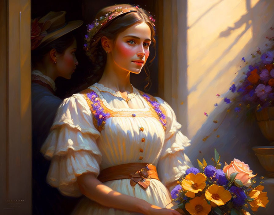 Vintage dress woman with bouquet in warm sunlight scene