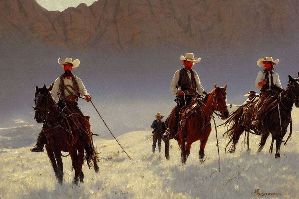 Cowboys on horseback with lassos in tall grass and mountain backdrop.