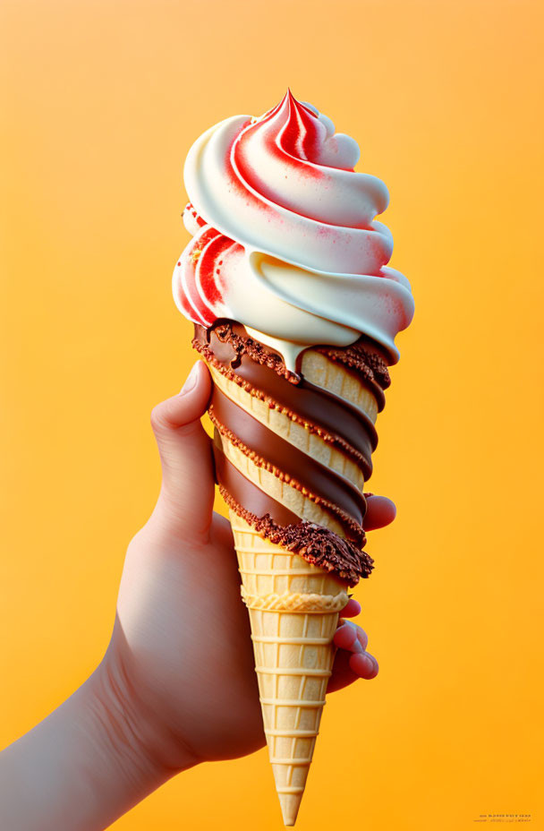 Swirled soft-serve ice cream with chocolate sauce and sprinkles on orange background