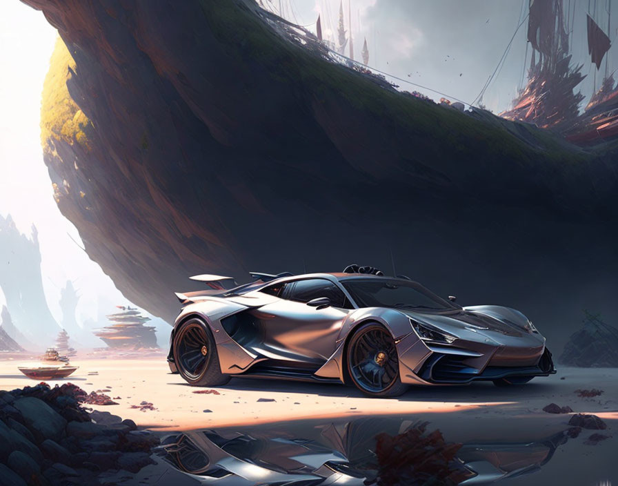 Sleek futuristic sports car on alien landscape with rock formations