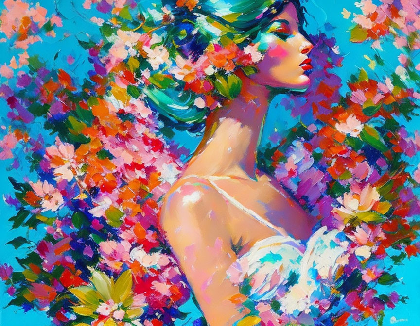 Vibrant artistic portrait of a woman with floral elements on blue background