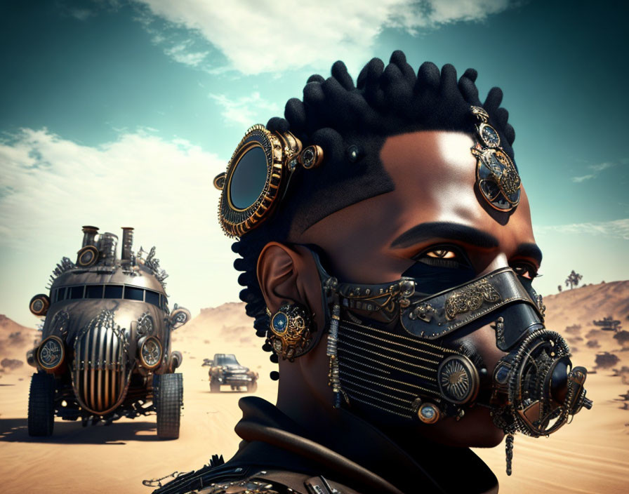 African warrior in futuristic steampunk armor in desert landscape