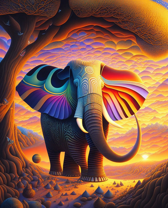 Vibrant elephant art in surreal landscape