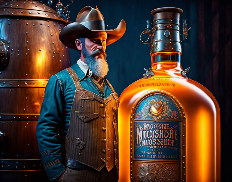 Bearded cowboy next to "Moonshine" bottle and distillery equipment