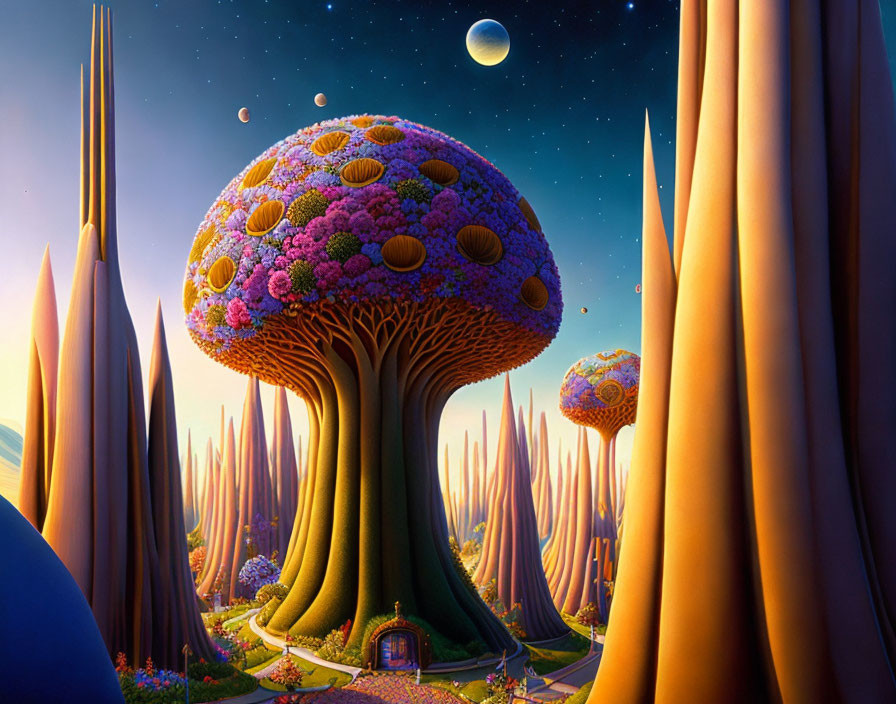 Colorful fantasy landscape with towering mushroom trees and orange formations under twilight sky