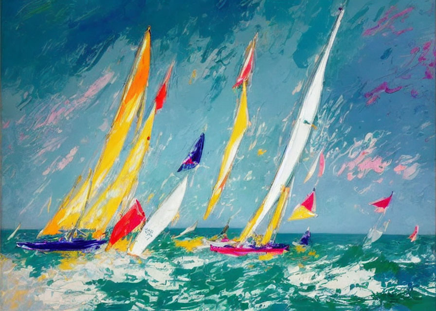 Vibrant sailboat race on dynamic sea with colorful brushstrokes