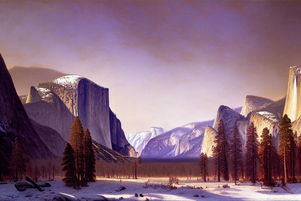 Snow-covered Yosemite Valley mountains with cliffs and evergreen trees at dusk