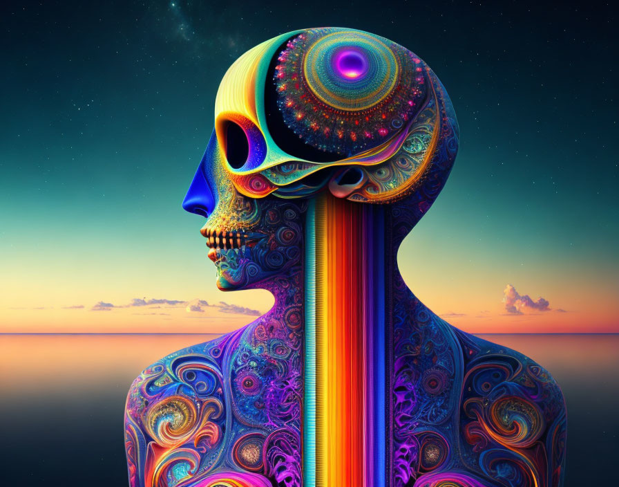 Colorful Abstract Human Form with Psychedelic Skull on Sunset Sky