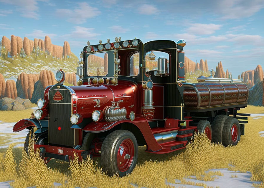 Classic Red Tanker Truck Parked on Grass with Clear Sky and Rock Formations