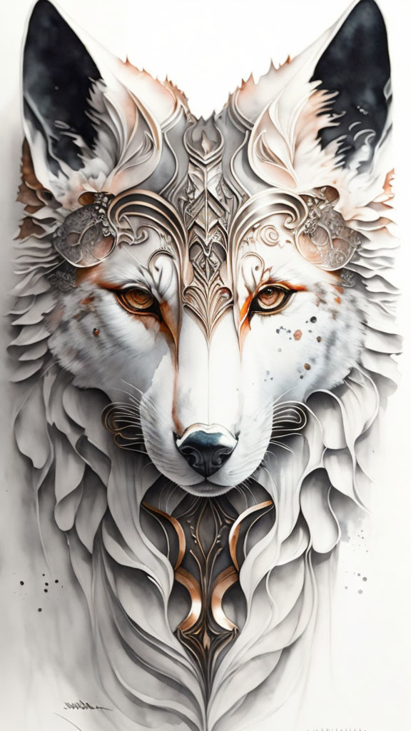 Detailed Wolf Face Illustration in White, Black, and Orange Tones