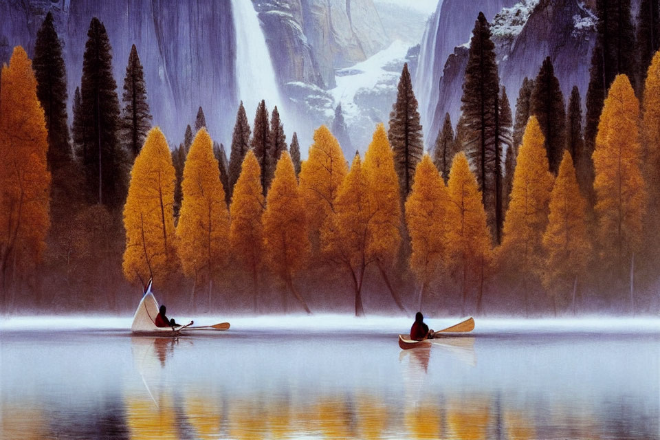 Scenic image of two people canoeing on a calm lake with golden trees and a waterfall.