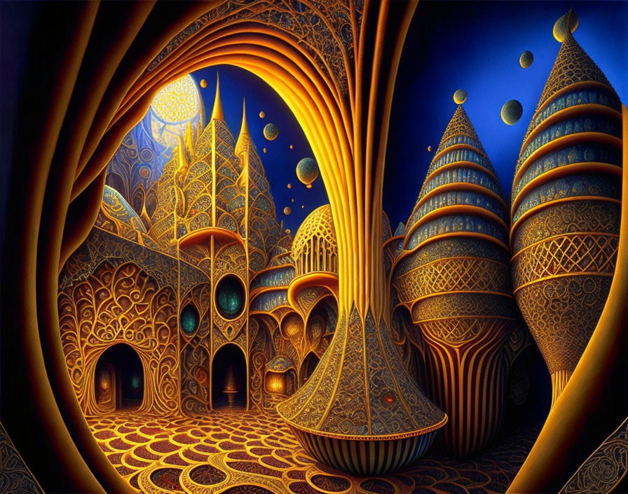 Fantastical golden-domed structures in a starry night landscape