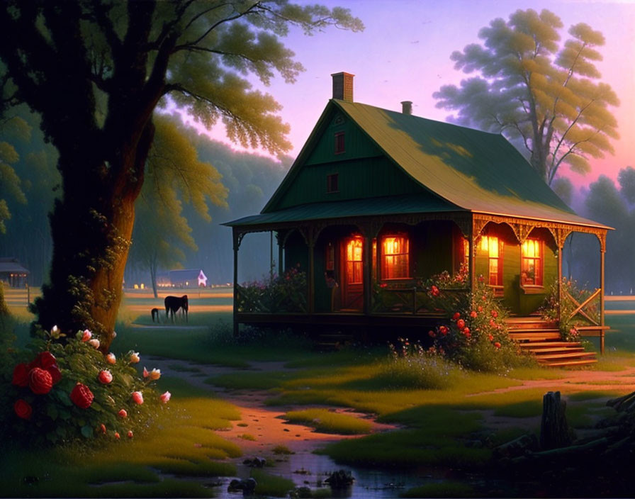 Cozy cottage with illuminated porch, horse grazing at dusk