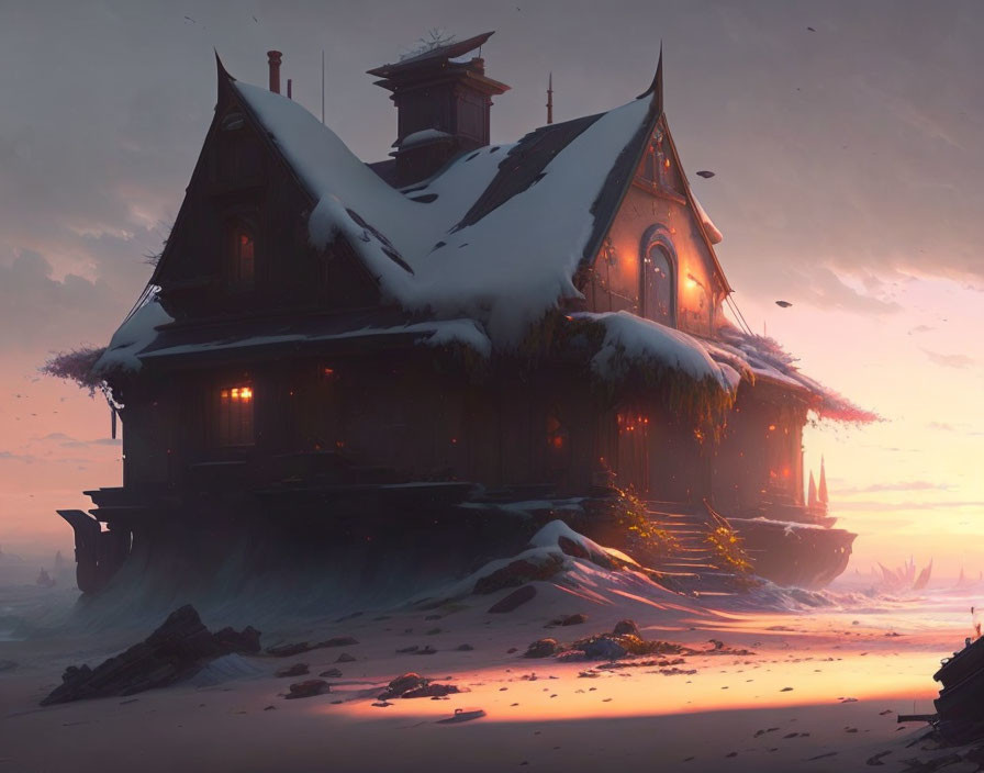 Victorian-style house on snow-dusted rock under dusky sky with glowing lights