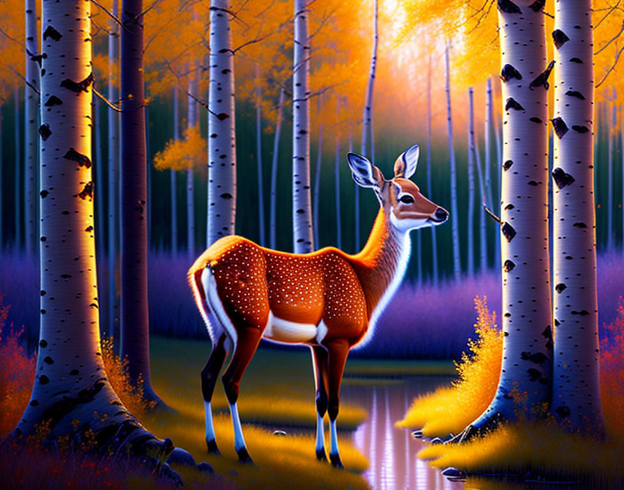 Glowing spotted deer in mystical forest with birch trees