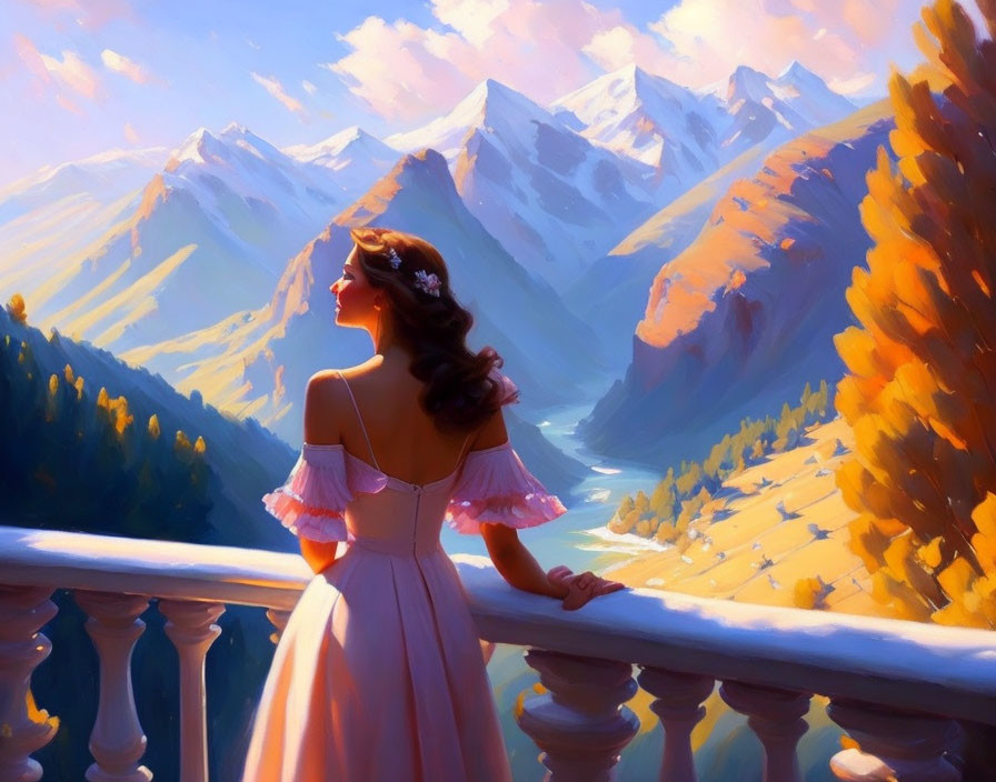 Woman in pink dress gazes at sunlit mountains and river valley from balcony