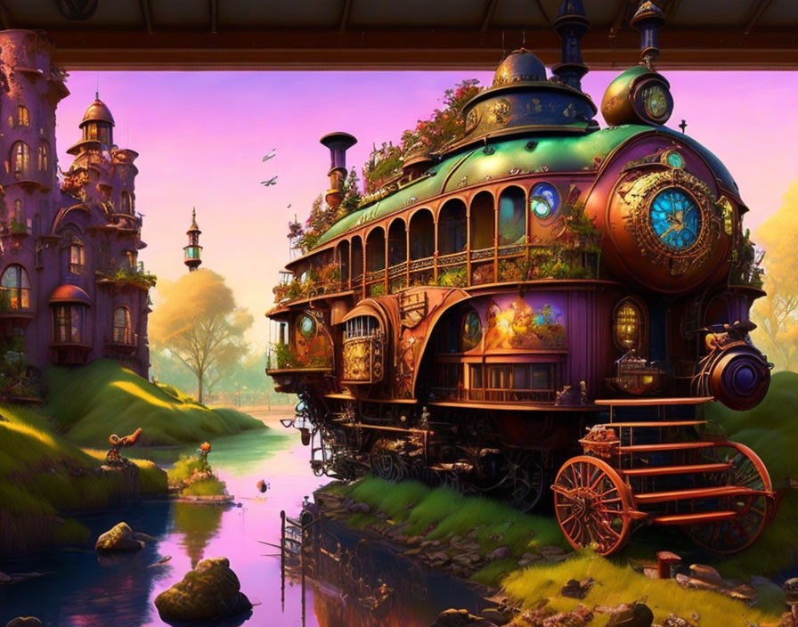 Intricate Victorian steam train in whimsical landscape