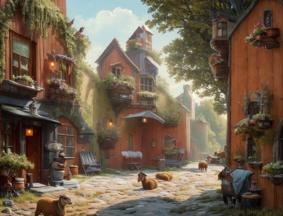 Picturesque village street with wooden houses, sheep, flowers, and person in a hat.