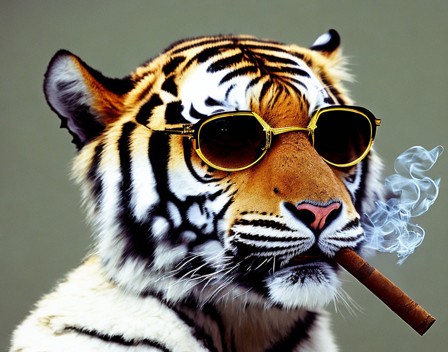 Tiger in Round Sunglasses Smoking Cigar with Smoke