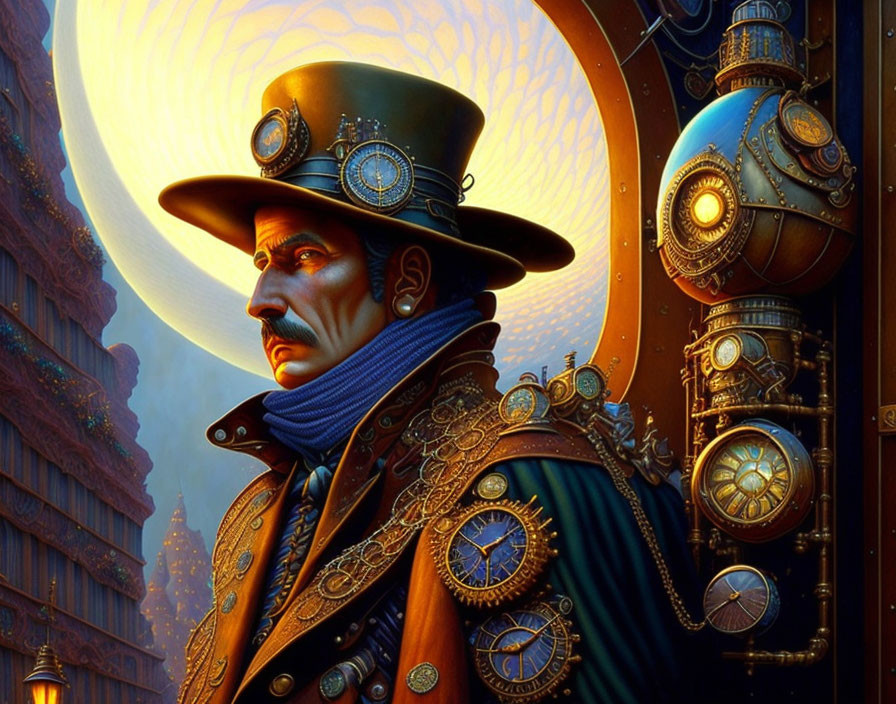 Steampunk-themed man in Victorian attire with gear-adorned top hat beside glowing orb