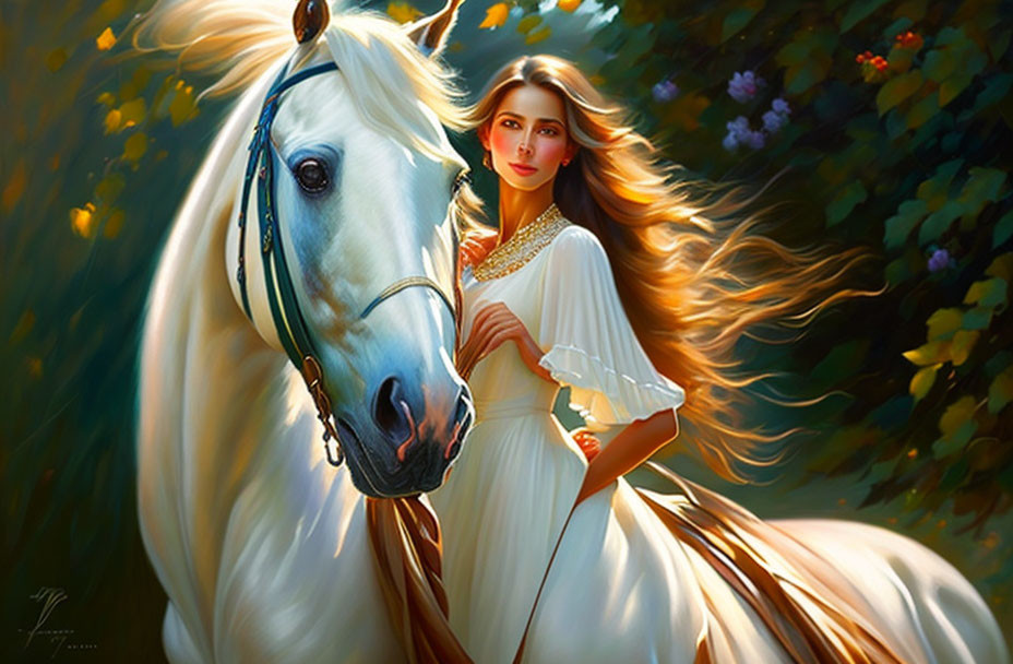 Woman in white dress with flowing hair beside white horse in sunny green foliage.