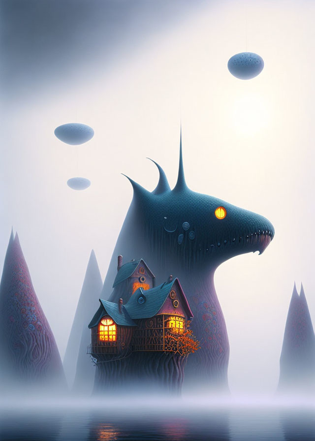 Fantasy house on dark creature in misty landscape