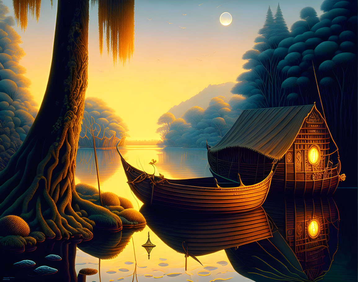 Fantastical landscape with glowing houseboat at dusk