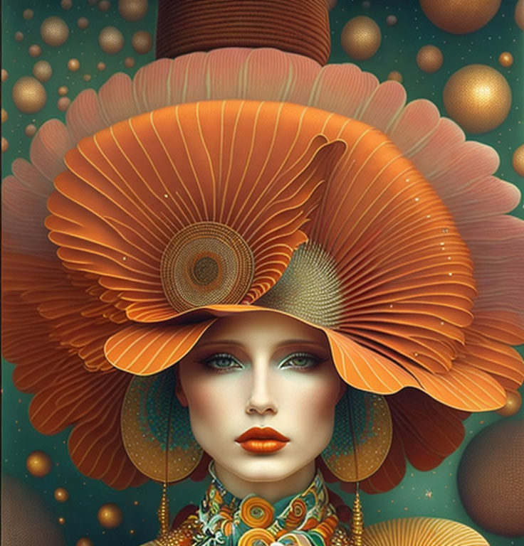 Surreal portrait of woman with large mushroom cap hat in warm orange and teal palette