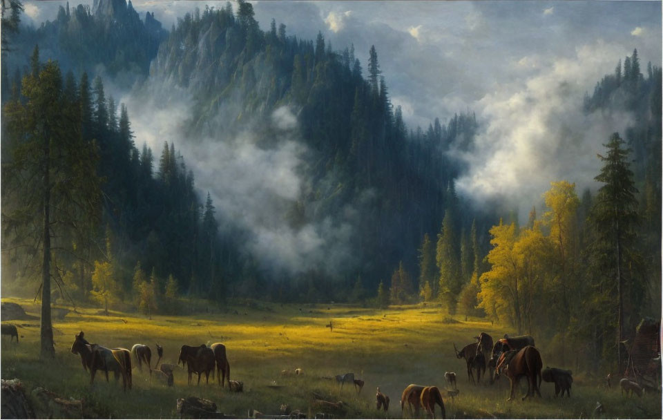 Tranquil horse grazing scene in misty forest clearing